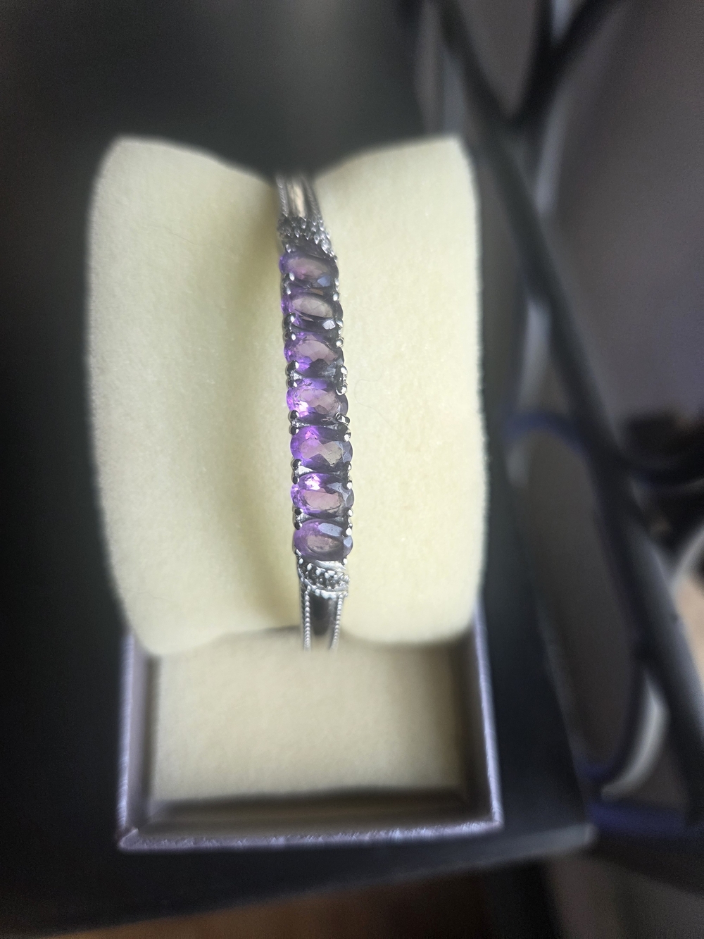 Elegant Amethyst Color Stone Stainless Steel Bangle Bracelet
